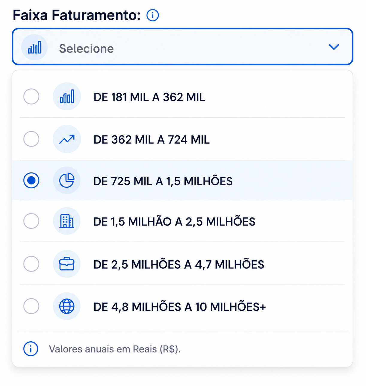 Filtro por faixa de faturamento